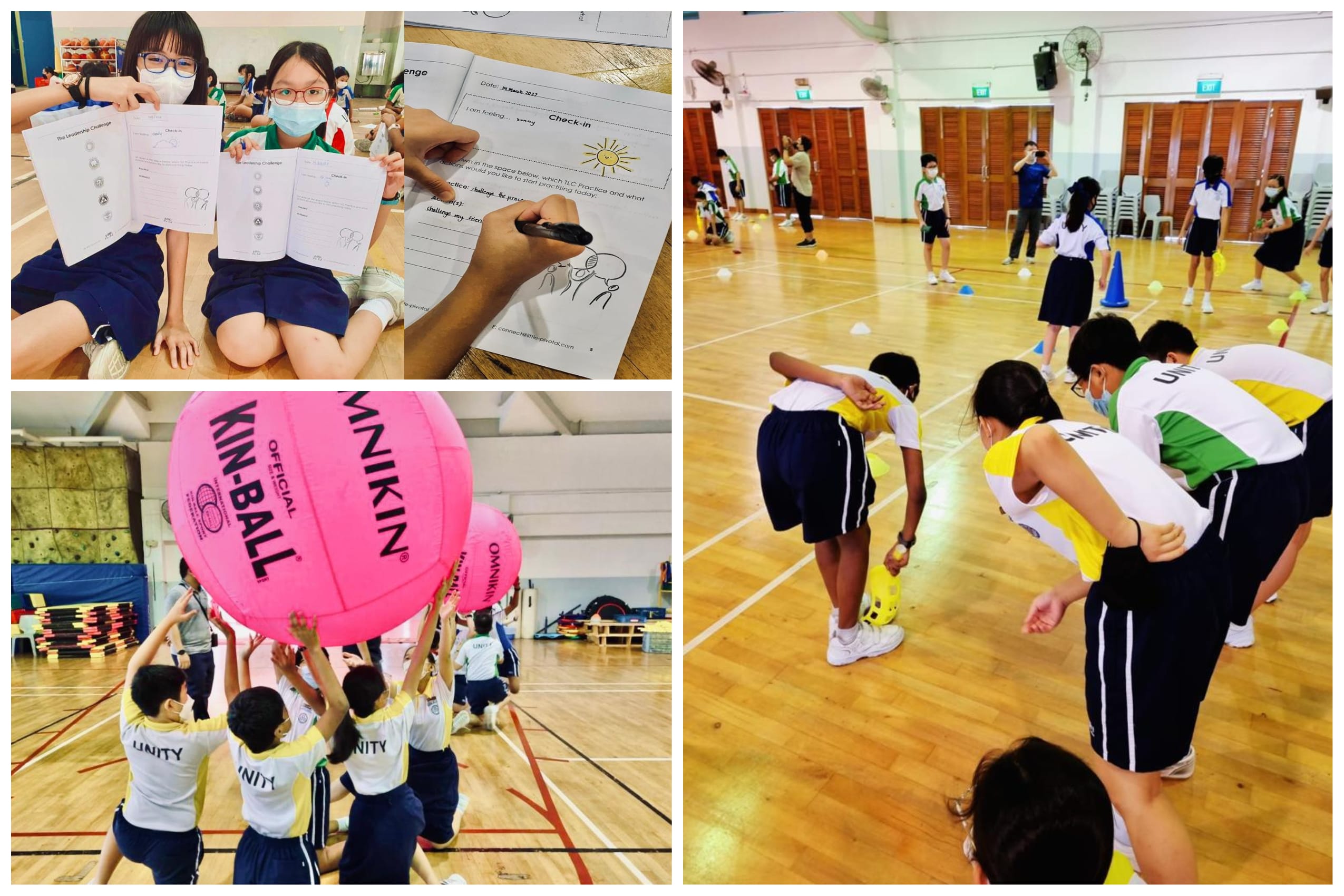 Students in a gym hold large pink Omnikin balls, complete worksheets, and participate in indoor sports activities.